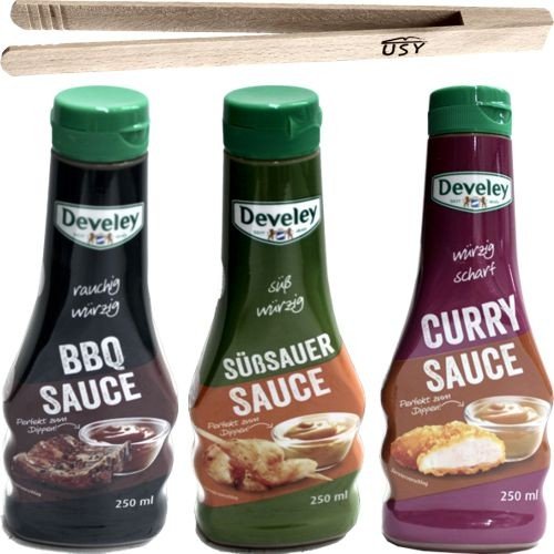 Develey Testpaket mit Barbecue Sauce, Curry Sauce, Süßsauer Sauce + usy Grillzange aus Holz