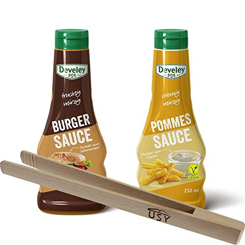 Develey Burgerbundle mit fruchtig cremiger Burger Sauce und cremig wüziger veganen Pommes Sauce incl. gratis usy Burger Wender (2x250ml Flasche)